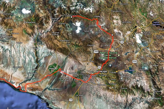 Map of route from Lima to Colca Canyon via Arequipa