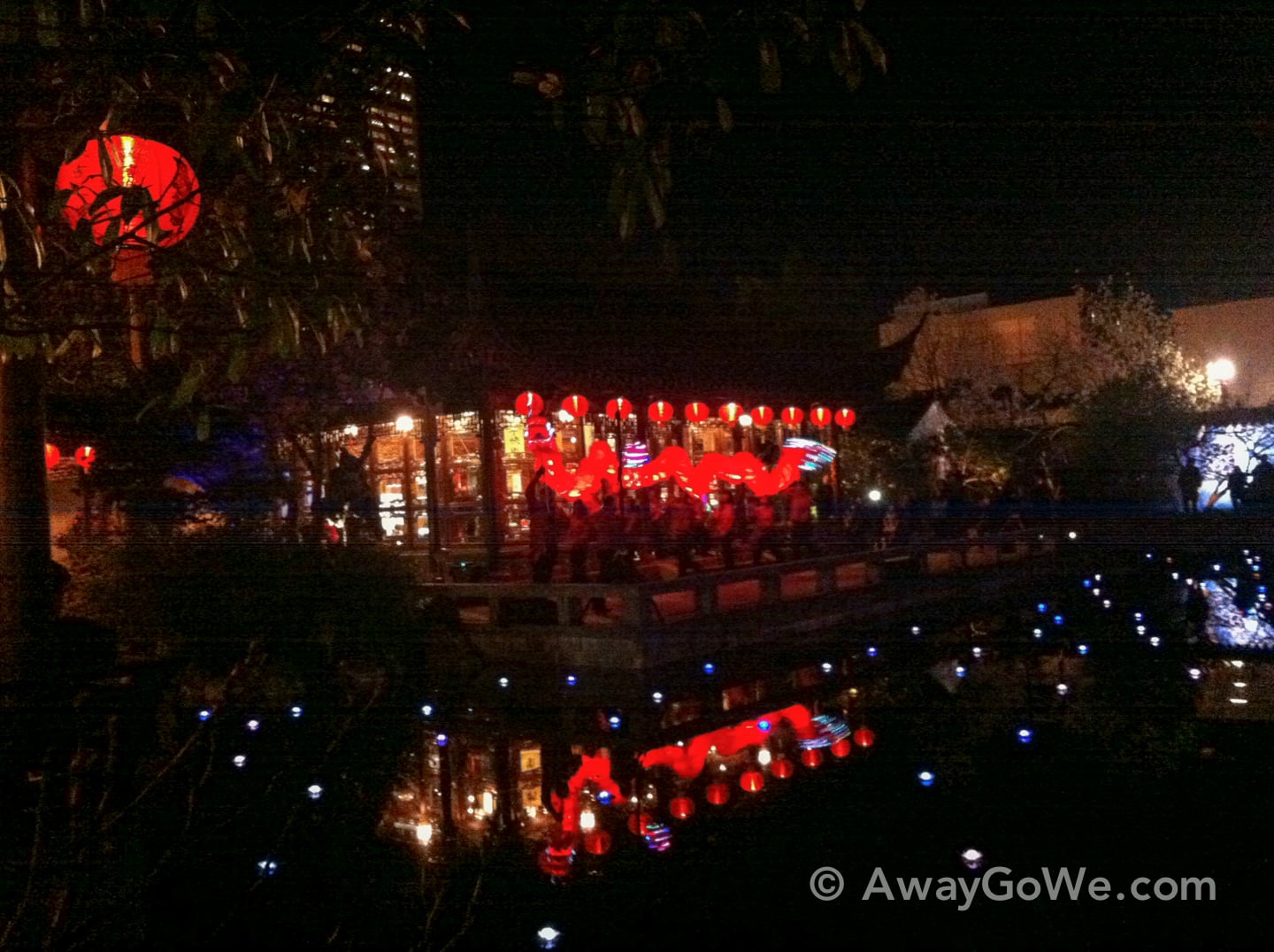 Lan Su Chinese Garden in Portland Oregon by night with red lanterns