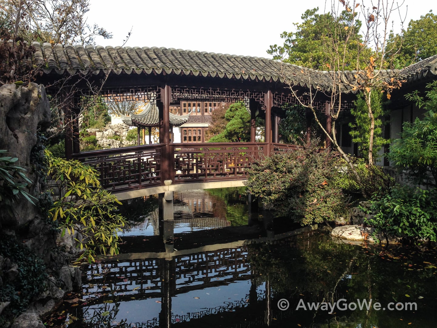 bridge over pond Lan Su Chinese Garden